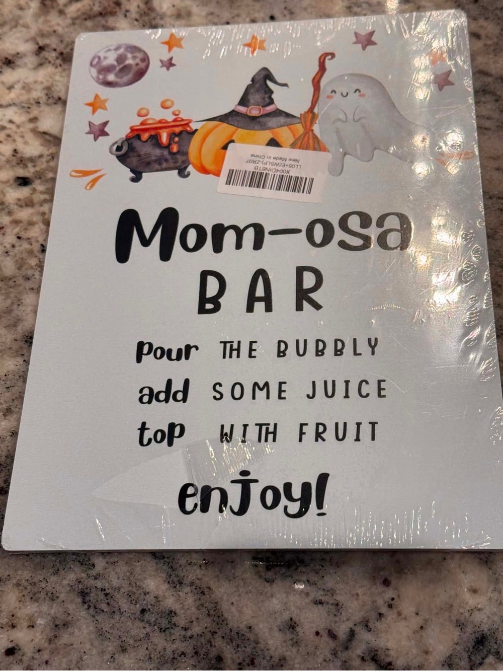 Mom-osa Bar Decorative Sign - Light Blue with Halloween Accents 8”x10”.